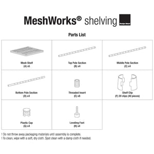 Design Ideas MeshWorks 5 Tier Tower Metal Storage Shelving Unit Rack, White