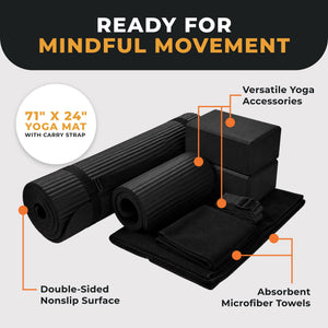 BalanceFrom Fitness 7 Piece Yoga Set with Mat, Stretch Strap & Knee Pad, Black