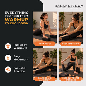 BalanceFrom Fitness 7 Piece Yoga Set with Mat, Stretch Strap & Knee Pad, Black