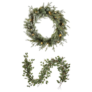 Noma 24" Pre-Lit Frosted Fir Artificial Wreath & 9' Garland Holiday Mantle Decor