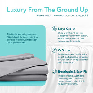 Sleepgram Viscose from Bamboo King Bed Sheet Set with 2 Pillowcases, Grey Stone