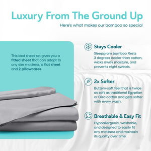 Sleepgram Viscose from Bamboo Twin Bed Sheet Set with 2 Pillowcases, Grey Stone