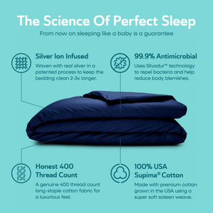 Sleepgram Supima 400 Thread Count Cotton Duvet Cover with Travel Bag, King, Blue