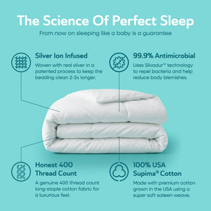 Sleepgram Supima 400 Thread Count Cotton Duvet Cover w/ Travel Bag, Queen, White