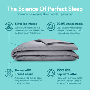 Sleepgram Supima 400 Thread Count Cotton Duvet Cover with Travel Bag, Twin, Grey