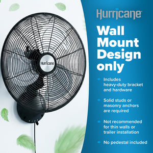 Hurricane 16 Inch Pro High Velocity Oscillating Metal Wall Mount Fan, Black
