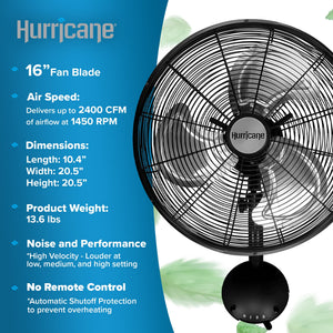 Hurricane 16 Inch Pro High Velocity Oscillating Metal Wall Mount Fan, Black
