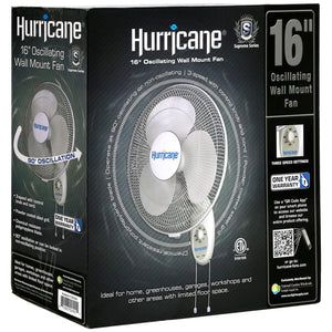 Hurricane Supreme 16 Inch 90 Degree Oscillating 3 Speed Wall Mounted Fan, White