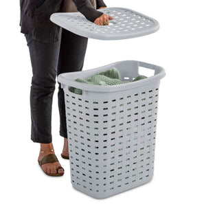 Sterilite Plastic Weave Laundry Hamper Slim Clothes Lidded Basket, Gray, 4-Pack