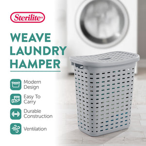 Sterilite Plastic Weave Laundry Hamper Slim Clothes Lidded Basket, Gray, 12-Pack