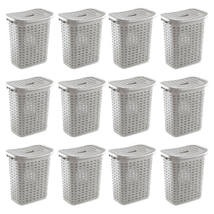 Sterilite Plastic Weave Laundry Hamper Slim Clothes Lidded Basket, Gray, 12-Pack