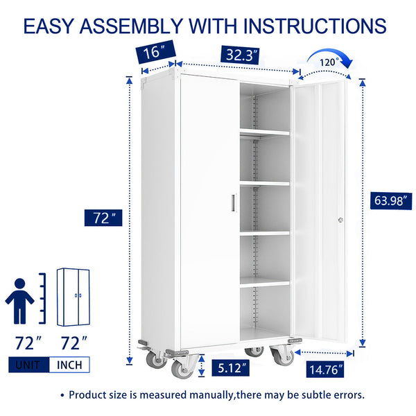 AOBABO 72” Locking Metal Garage Home Office Storage Cabinet with Wheels, White