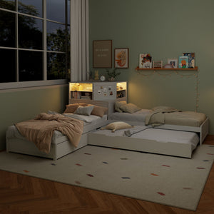 L-Shaped Bed Frame With Trundle, Built In Desk & LED Lighting