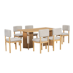 Dining Table Set With 6 Upholstered Chairs, Rectangular Table With Cutout Legs