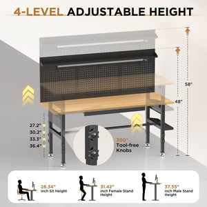 Adjustable Height Workbench, Includes Drawers, Power Outlet, LED Light, Wheels Or Leveling Feet - Black