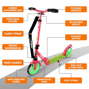 Hurtle Adjustable and Foldable Kick Scooter with High Impact Wheels, Watermelon - TRAPSKI