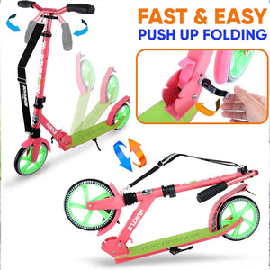 Hurtle Adjustable and Foldable Kick Scooter with High Impact Wheels, Watermelon - TRAPSKI
