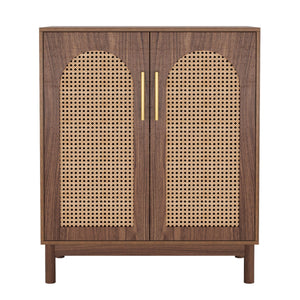 Sideboard Buffet Cabinet With Handwoven Rattan Doors (Set of 2) - Dark Brown