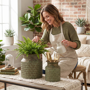 S/2 Iron Milk Jug Planters with Textured Green Finish