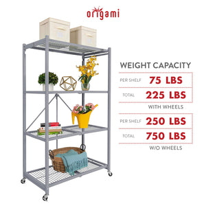 Origami 4 Tier Foldable Heavy Duty Garage Shelving with Wheels for Organization