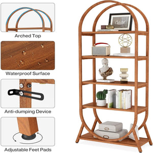 Arched 5 Tier Open Bookshelf For Office - Brown
