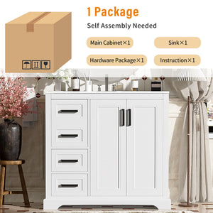 Bathroom Vanity With Sink, Soft Close Doors, Adjustable Shelf & 3 Drawers