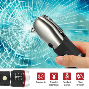 8 In 1 Multi Tool Hammer Zoomable LED Flashlight Emergency Auto Escape Tool w/ Glass Breaker Seatbelt Cutter Scissors Screwdriver Opener