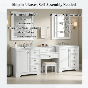 Double Sink Bathroom Vanity With Countertop, 2 Ceramic Sinks, 6 Drawers