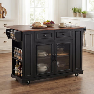 54" Mobile Kitchen Island with Glass Door Storage, Power Outlet & Rolling Cart