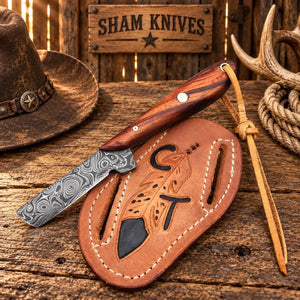 3.5" Damascus Steel Bull Cutter Knife with Rose Wood Handle & Pancake Belt Sheath