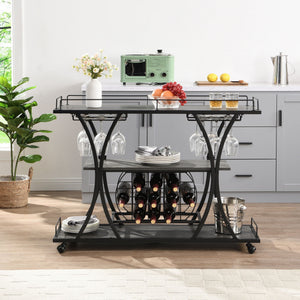 Industrial Bar Cart Kitchen Bar & Serving Cart For Home With Wheels 3 Tier Storage Shelves - Black / Gray