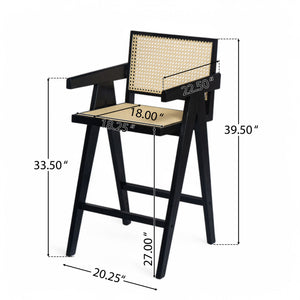 Modern Minimalist Bar Stool With Cane Seat - Black / Natural