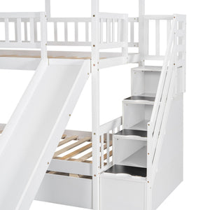 House Bunk Bed With Trundle, Storage Staircase, Roof And Window Design