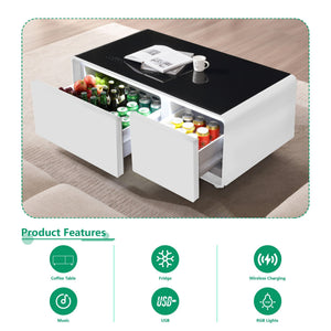 Modern Smart Coffee Table With Built-In Fridge - tooth Speaker, Wireless Charging, Touch Control Panel, USB Interface, Outlet Protection, Atmosphere Light