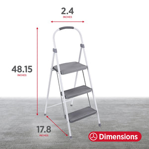 Rubbermaid 3 Step Folding Ladder, Steel Foldable Step Stool w/ Hand Grip, White