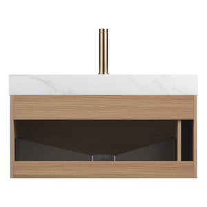 Nyah 36'' Bathroom Vanity & Sink, Floating Ultra-Slim Grille Plywood Cabinet, Drawer with Sensor Light, Carrara
