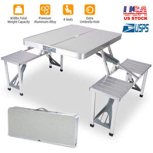 Folding Picnic Table w/ 4 Seats Umbrella Hole 33.7x26.4in Portable Aluminum Table Total 859LBS Weight Capacity for Camping Barbeque Outdoor