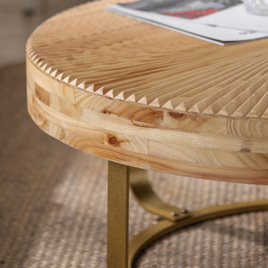 Modern Round Coffee Table with Wooden Carving Pattern and Metal Legs