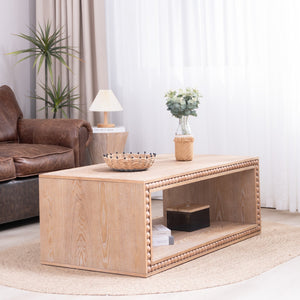Rustic Beaded Edge Coffee Table – 47.6" Rectangular Center Table with Open Storage Shelf
