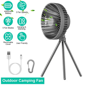 Portable Camping Fan Rechargeable Battery Powered Foldable Tripod Fan for Tent with Hanging Hook Carabiner Personal Desk Fan with 3 Speed Setting for