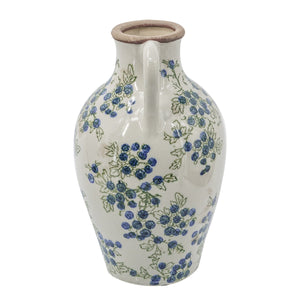 7.5x7.3x12" White Ceramic Vase with Blueberry Motif