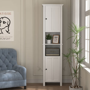 Wooden Bathroom Floor Storage Cabinet With 2 Doors And 6 Shelves - White