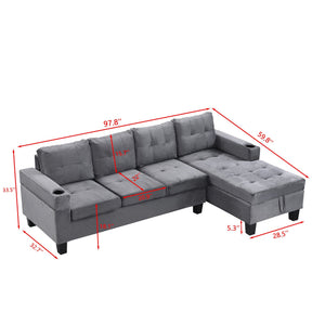 Modern Sectional Sofa Set with L Shape Chaise Lounge and Storage in Grey Velvet Fabric