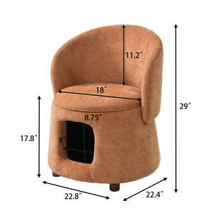 Orange Pet Friendly Chair with Hidden Pet Nook, Convertible Stool, and Storage Seat