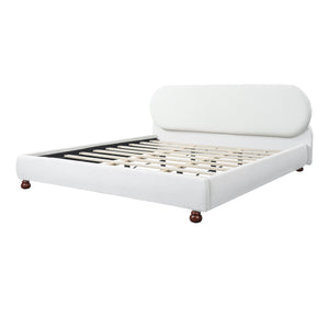 Cream-Colored Boucle Upholstered Bed with Rubber Wood Foot, King
