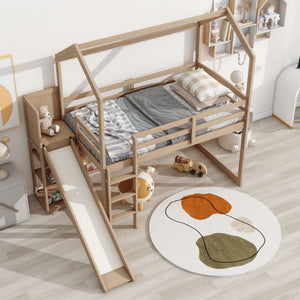 House Loft Bed With Slide, Storage Shelves And Light, Climbing Ramp