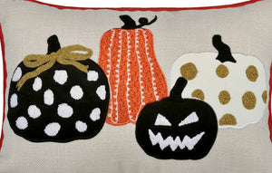 Embroidered Halloween Pumpkin Pillow – Spooky Polka Dot Linen Throw Accent
