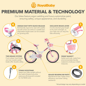 RoyalBaby Princess Girl Kid Outdoor Bicycle 18" with Kickstand, Jenny/White Pink