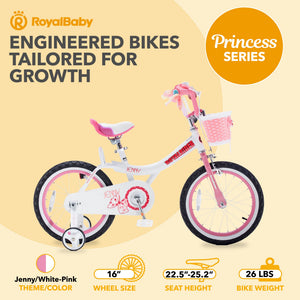 RoyalBaby Princess Girl Bike 16" w/Training Wheels & Kickstand, Jenny/White Pink