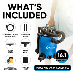 Vacmaster 8 Gallon 4 Peak HP Portable 2 in 1 Wet/Dry Vacuum & Attachments, Blue